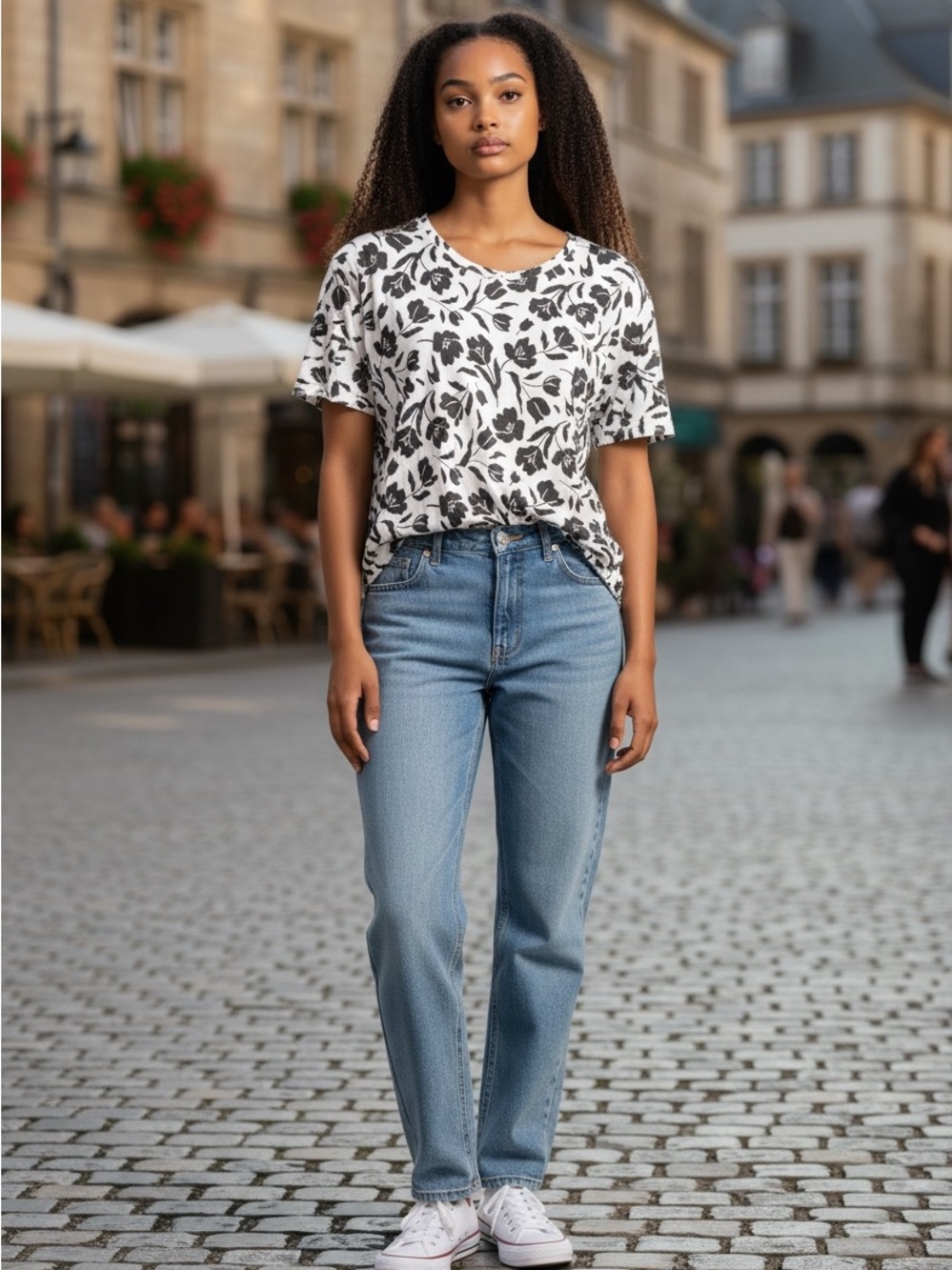 Old Navy Black and White Floral Scoop Neck Tee - Picture 2 of 4